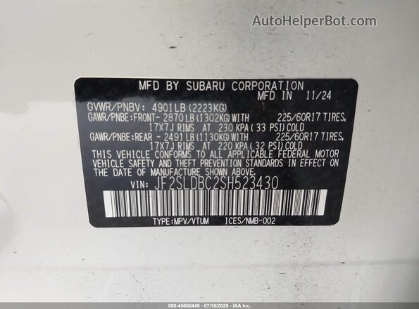 JF2SLDBC2SH523430 2025 SUBARU FORESTER Белый Вид подкапотного пространства