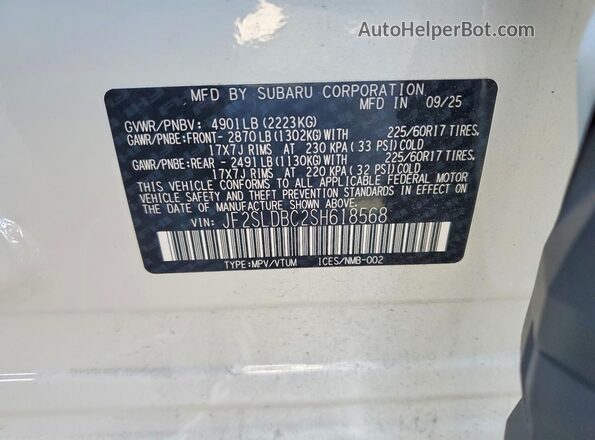 JF2SLDBC2SH618568 2025 SUBARU FORESTER White 360 interior view