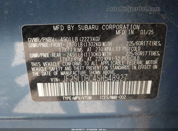 JF2SLDBC4SH548927 2025 SUBARU FORESTER Blue Engine compartment view