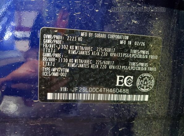 JF2SLDDC4TH460488 2026 SUBARU FORESTER Blue Vista de la etiqueta del VIN