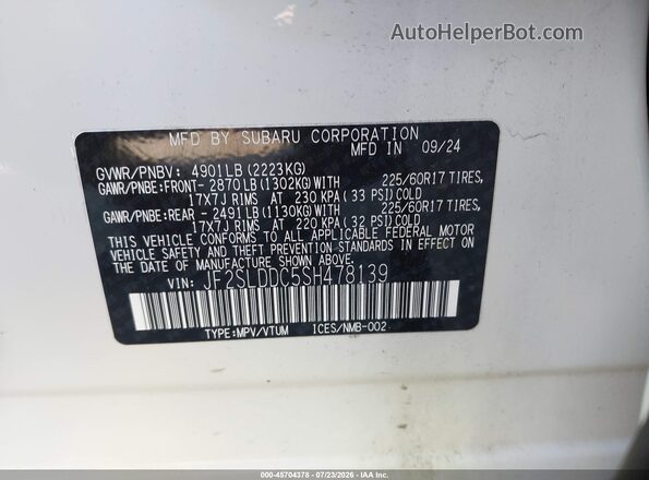 JF2SLDDC5SH478139 2025 SUBARU FORESTER Белый Вид подкапотного пространства