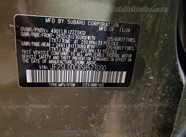 JF2SLDDC8SH523090 2025 SUBARU FORESTER Green VIN კოდის სტიკერის ხედი
