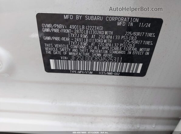 JF2SLDDC8SH525311 2025 SUBARU FORESTER White Вид підкапотного простору