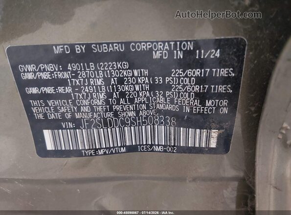 JF2SLDDC9SH508338 2025 SUBARU FORESTER Зеленый Вид подкапотного пространства