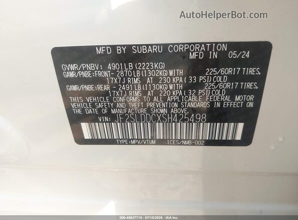 JF2SLDDCXSH425498 2025 SUBARU FORESTER White Vista del compartimento del motor