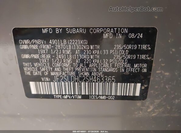 JF2SLDHC2SH463365 2025 SUBARU FORESTER Gray Engine compartment view