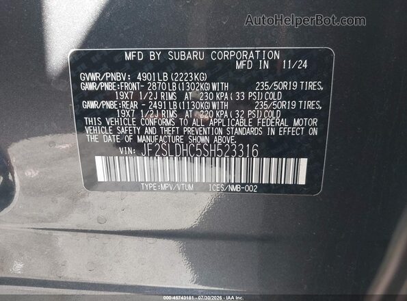 JF2SLDHC5SH523316 2025 SUBARU FORESTER Gray Вид підкапотного простору