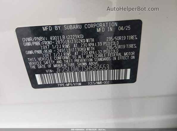 JF2SLDHC7SH580553 2025 SUBARU FORESTER White Vista del compartimento del motor
