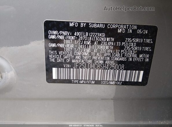 JF2SLDHC8SH425008 2025 SUBARU FORESTER Серый Вид подкапотного пространства