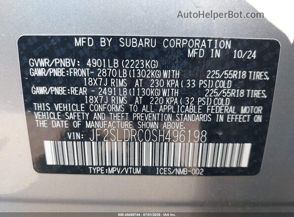 JF2SLDRC0SH496198 2025 SUBARU FORESTER Silver Вид підкапотного простору