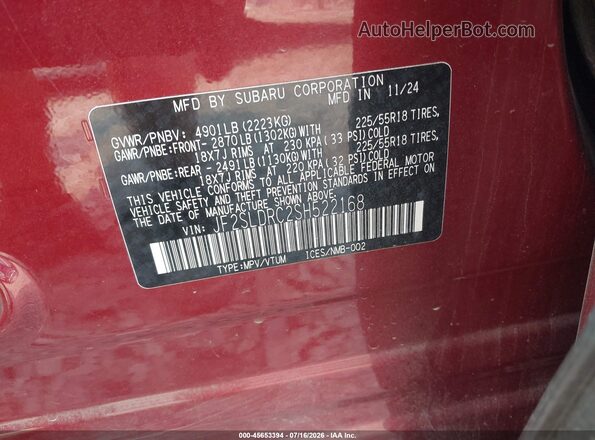 JF2SLDRC2SH522168 2025 SUBARU FORESTER Burgundy ძრავის განყოფილების ხედი