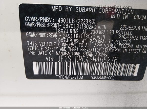 JF2SLDRC4SH465276 2025 SUBARU FORESTER White Vista del compartimento del motor