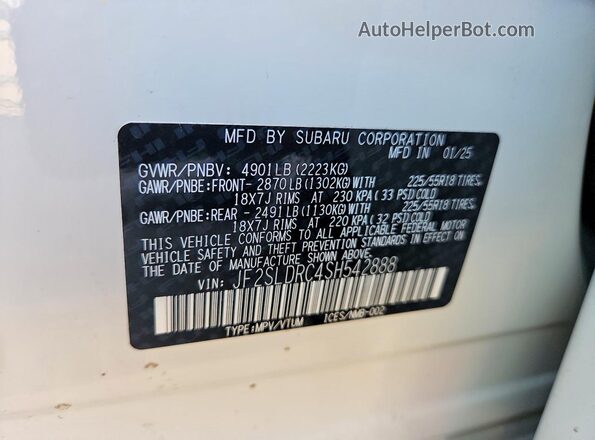JF2SLDRC4SH542888 2025 SUBARU FORESTER White VIN sticker view