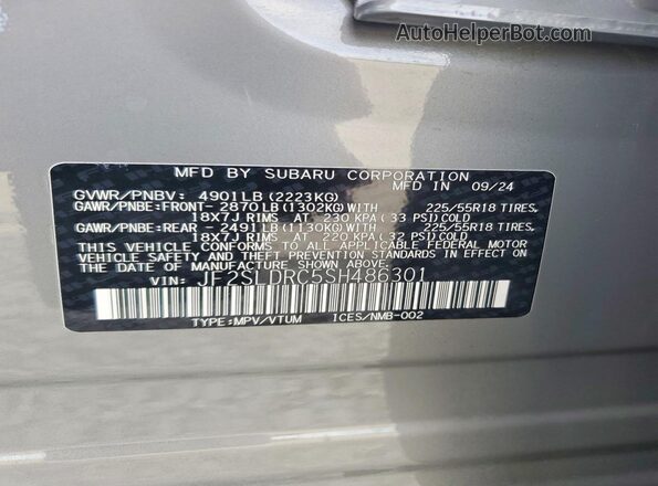 JF2SLDRC5SH486301 2025 SUBARU FORESTER Silver Vista de la etiqueta del VIN