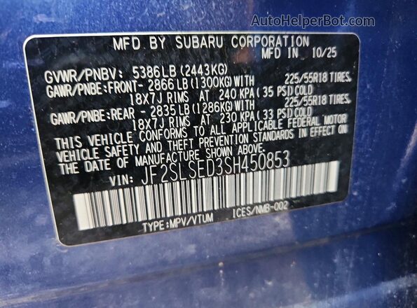 JF2SLSED3SH450853 2025 SUBARU FORESTER Blue VIN կոդի պիտակի տեսք