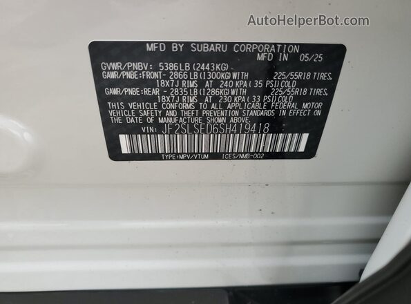 JF2SLSED6SH419418 2025 SUBARU FORESTER Белый Панорамный вид салона 360°