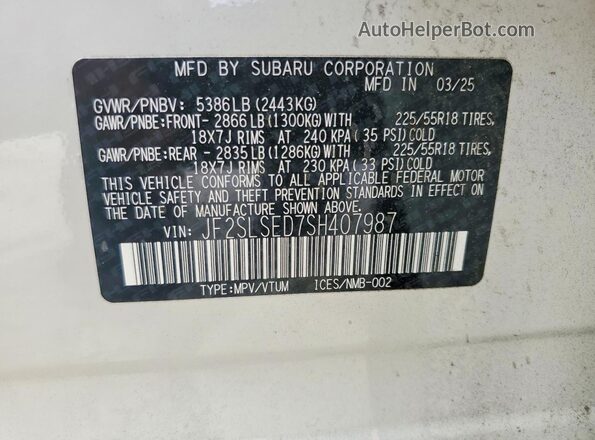 JF2SLSED7SH407987 2025 SUBARU FORESTER White Vista de la etiqueta del VIN