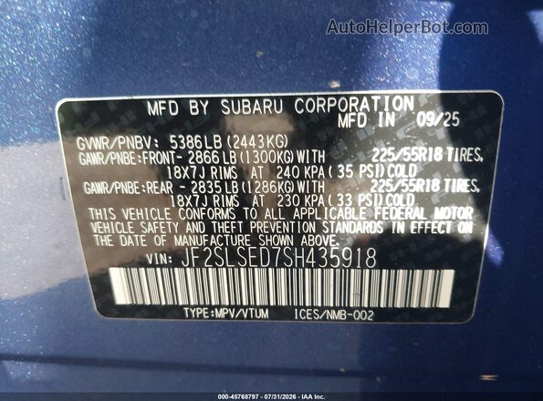 JF2SLSED7SH435918 2025 SUBARU FORESTER Blue Вид підкапотного простору