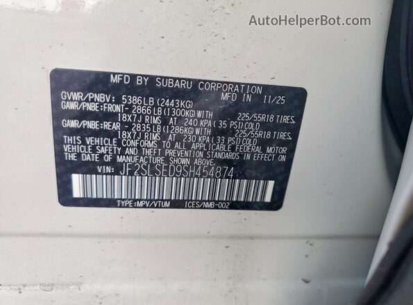 JF2SLSED9SH454874 2025 SUBARU FORESTER White Vista del compartimento del motor