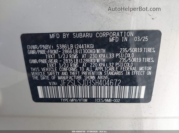 JF2SLSJD3SH404672 2025 SUBARU FORESTER White Engine compartment view