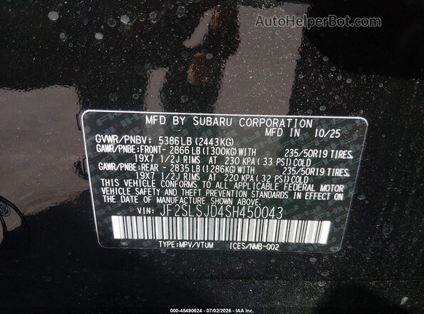 JF2SLSJD4SH450043 2025 SUBARU FORESTER Black Vista del compartimento del motor