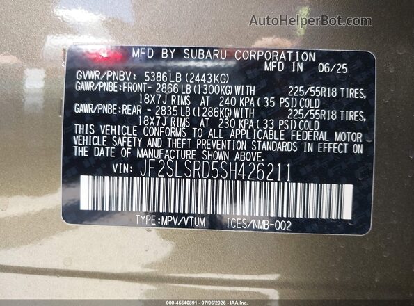 JF2SLSRD5SH426211 2025 SUBARU FORESTER Gold Widok komory silnika