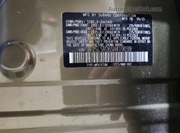 JF2SLSRD6SH419039 2025 SUBARU FORESTER Зеленый Вид наклейки с VIN-кодом