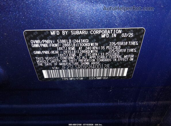 JF2SLSRD9SH400128 2025 SUBARU FORESTER Blue ძრავის განყოფილების ხედი