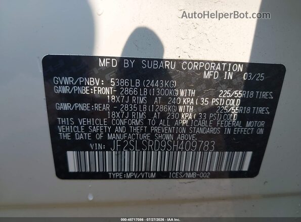 JF2SLSRD9SH409783 2025 SUBARU FORESTER White Вид підкапотного простору