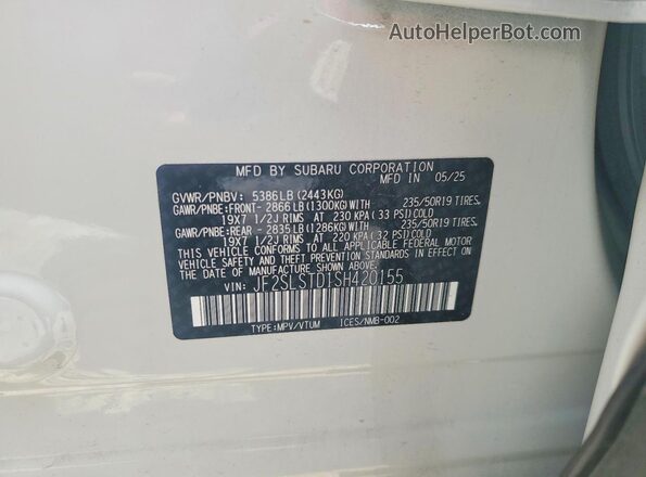 JF2SLSTD1SH420155 2025 SUBARU FORESTER White VIN կոդի պիտակի տեսք