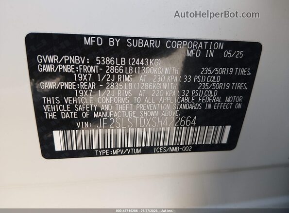 JF2SLSTDXSH422664 2025 SUBARU FORESTER White Вид підкапотного простору