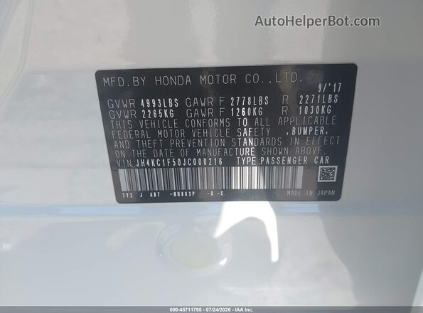 JH4KC1F50JC000216 2018 ACURA RLX White Vista del compartimento del motor