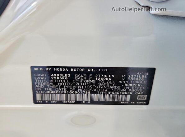 JH4KC1F91GC001788 2016 ACURA RLX White VIN კოდის სტიკერის ხედი