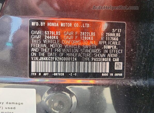 JH4KC2F92HC000124 2017 ACURA RLX Gray VIN sticker view