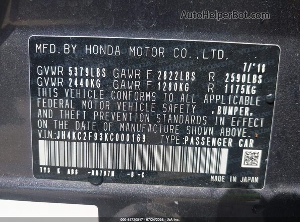 JH4KC2F93KC000169 2019 ACURA OTHER Серый Вид подкапотного пространства