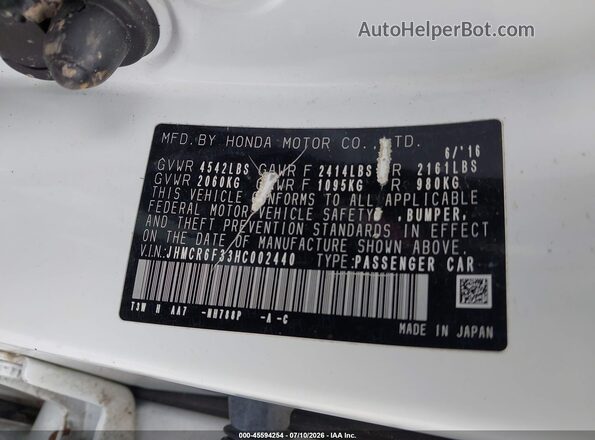 JHMCR6F33HC002440 2017 HONDA ACCORD White ძრავის განყოფილების ხედი