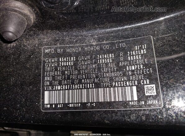 JHMCR6F75HC021803 2017 HONDA ACCORD Black Vista del compartimento del motor