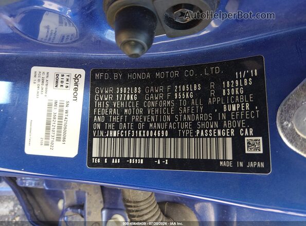 JHMFC1F31KX004690 2019 HONDA CIVIC Синий Вид подкапотного пространства