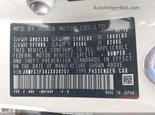 JHMFC1F34JX038251 2018 HONDA CIVIC White Widok komory silnika