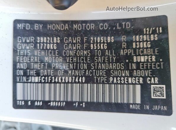 JHMFC1F34KX007440 2019 HONDA CIVIC White Vista de la etiqueta del VIN