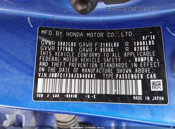 JHMFC1F36JX040602 2018 HONDA CIVIC Синий Вид подкапотного пространства