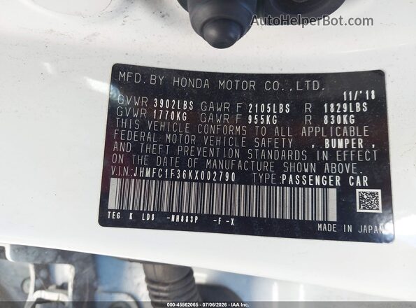 JHMFC1F36KX002790 2019 HONDA CIVIC White ძრავის განყოფილების ხედი