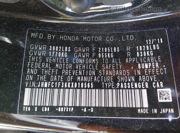 JHMFC1F36KX010565 2019 HONDA CIVIC Black Vista del compartimento del motor