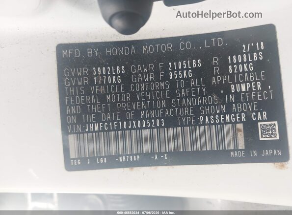 JHMFC1F70JX005203 2018 HONDA CIVIC White Вид підкапотного простору