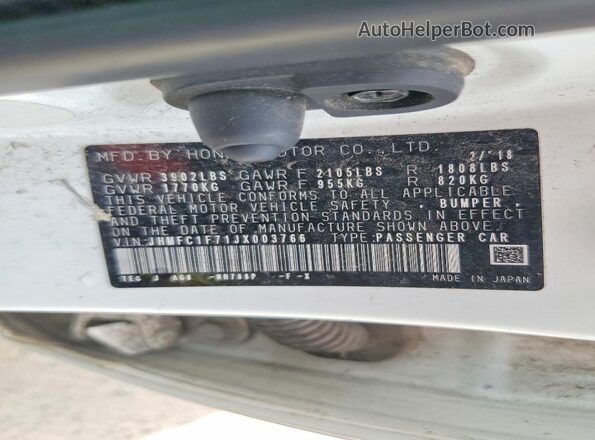 JHMFC1F71JX003766 2018 HONDA CIVIC White VIN კოდის სტიკერის ხედი