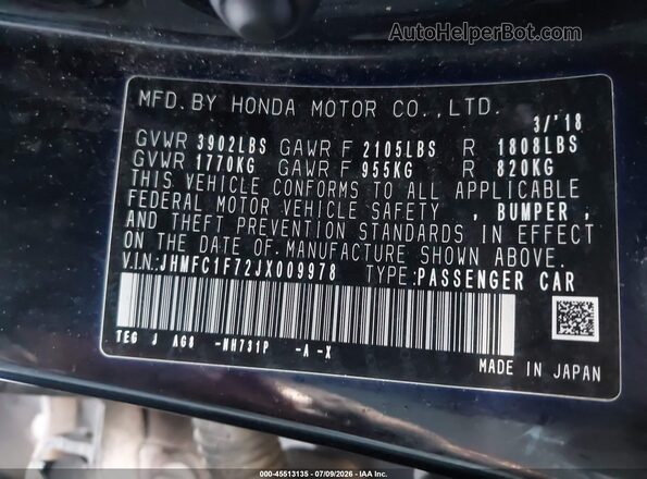 JHMFC1F72JX009978 2018 HONDA CIVIC Black Vista del compartimento del motor