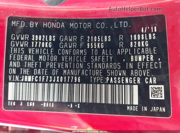JHMFC1F73JX017796 2018 HONDA CIVIC Red Widok komory silnika