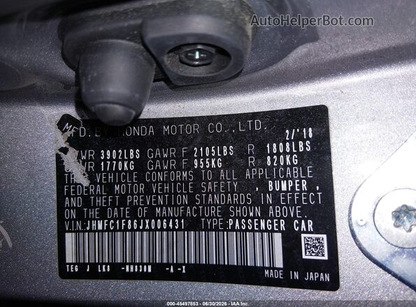 JHMFC1F86JX006431 2018 HONDA CIVIC Silver Widok komory silnika