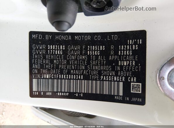 JHMFC1F98KX000348 2019 HONDA CIVIC White ძრავის განყოფილების ხედი