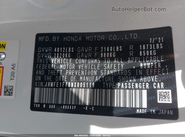 JHMFE1F70NX005119 2022 HONDA CIVIC Белый Вид подкапотного пространства